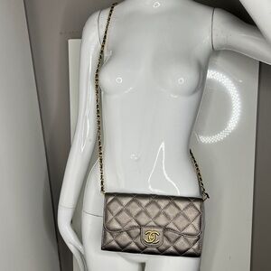 Gray Matte Metallic Crossbody Wallet on a Chain Tri Fold Bag Detachable Strap
